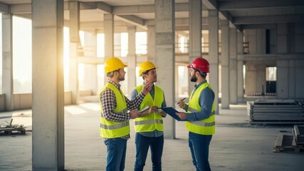 Three construction workers in hard hats and vests talking on a building site with columns and windows