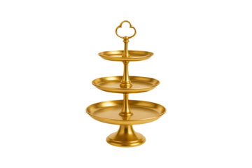 Elegant gold tiered stand with three round trays for decorative presentation Isolated on a Transparent Background