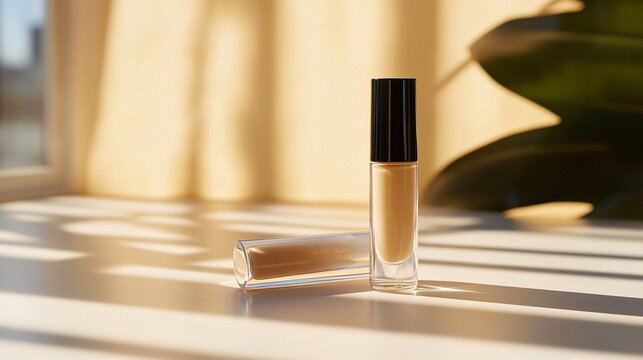 Beige liquid foundation bottle in the sun