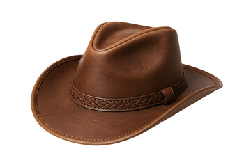 Brown leather cowboy hat with woven band and curved wide brim Isolated on a Transparent Background