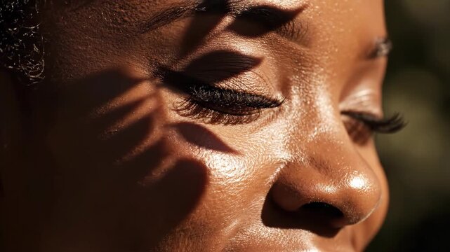 Extreme closeup of african american womans eye with leaf shadows. Natural sunlight patterns on skin highlighting lashes and gaze. Beauty in nature fusion concept for serene portrait visuals.