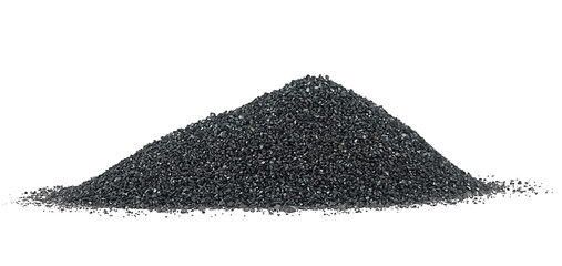 Pile of black volcanic sand isolated on a white background. Black sand. Black dune.