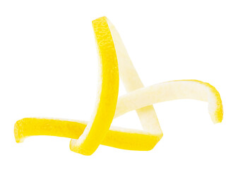 Twisted single lemon zest isolated on a white background. Intertwined lemon skin.