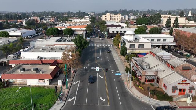 Fullerton, California, USA - Aerial View of Harbor Blvd Showing Restaurants, Bars, and Clubs on a Sunny Day 