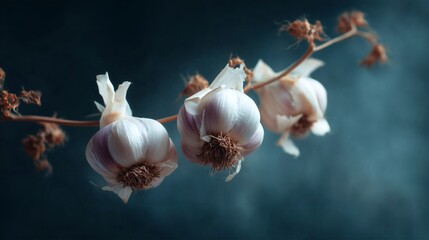 Several fresh garlic bulbs hang from a stem outdoors against a soft blue blurred background.