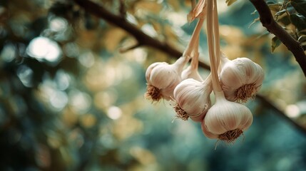 Several fresh garlic bulbs hang from a stem outdoors in gentle natural light.