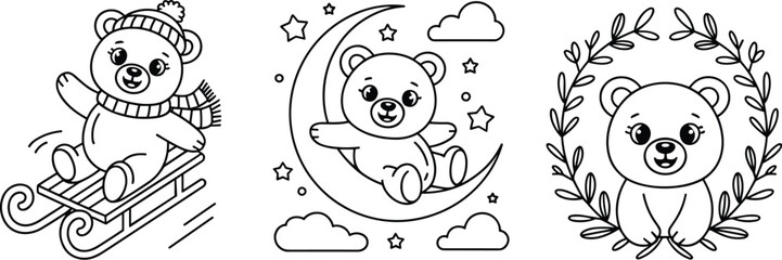 Cute Teddy Bear Coloring Page Vector Set Illustration Featuring Winter Sledding Bear, Bear on a Moon with Stars, and a Bear in a Wreath Outline.