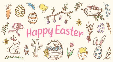 Happy Easter Hand-Drawn Doodle Collection. Vector designs perfect for greeting cards, posters, festive projects.