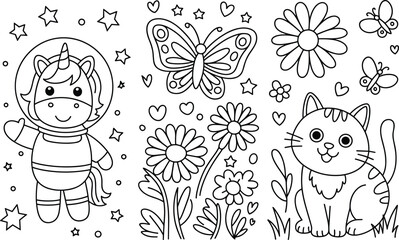 Black and White Coloring Page Vector Illustration Featuring a Cute Unicorn Astronaut, Adorable Cat, Butterflies, and Daisy Flowers for Children's Activity Book.