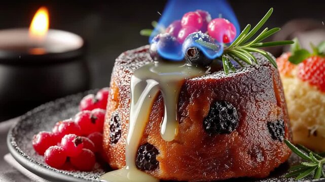 Christmas pudding flambe with blue flames, showcasing dramatic lighting and rich textures, as camera zooms in to capture the festive culinary delight
