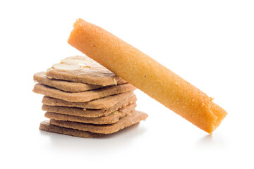 Sweet wafer rolls and gingerbread isolated on white background.