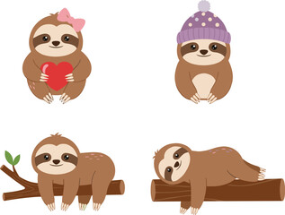 Adorable Cartoon Sloth Collection Vector Illustration Featuring Sloths Holding a Heart, Wearing a Beanie, and Relaxing on Tree Branches for Cute Designs.