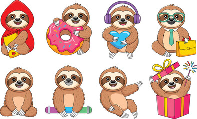 Naklejka premium Cute Cartoon Sloth Character Collection Vector Illustration Featuring Sloths with Donut, Headphones, Glasses, and Holding Gifts for Holiday and Party Themes.