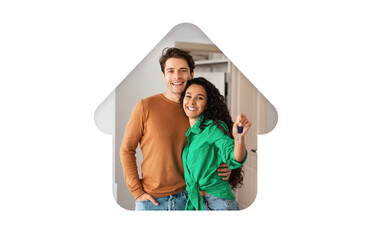 A happy couple stands together, smiling and holding keys, celebrating their new home. They are in a light-filled room, expressing joy and excitement about their new beginning.