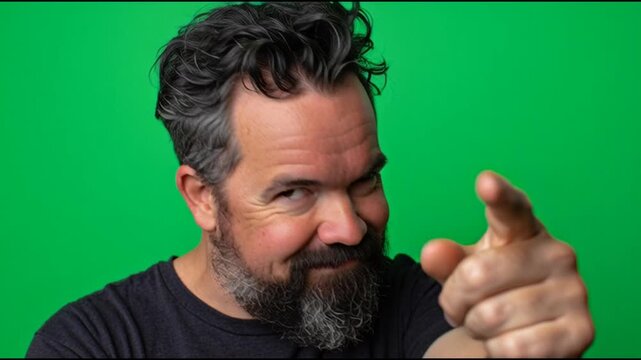 Confident Man Pointing with a Playful Expression Against a Bright Green Background