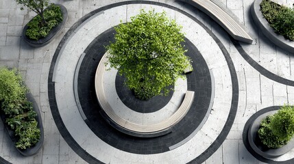 Contemporary urban park aerial view with black and white concentric circular paving, integrated green planters and wooden benches forming a calm, geometric public gathering space