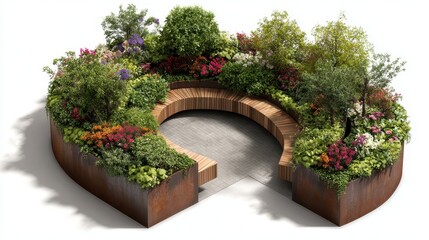 Modern urban green space featuring a semi circular wooden curved bench embedded within a lush. Diverse garden and vibrant flower planters made of weathering steel