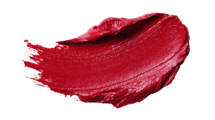 Red lipstick swatch creating a creamy textured smear, discovering rich cosmetic color pigment on transparent background for beauty product design