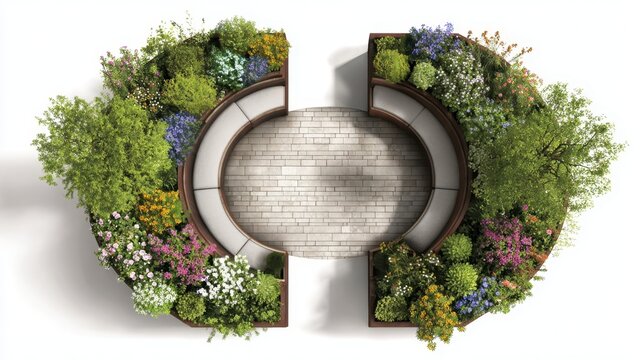 Circular modern patio with central brick platform and two curved benches, surrounded by lush, colorful garden beds, aerial top down view showcasing serene, stylish outdoor living