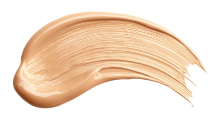 Cosmetic liquid foundation brush stroke or smear, a beige skin tone makeup beauty product texture sample swatch, on a transparent background for design elements