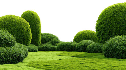 Green garden with various topiary bushes and artfully trimmed shrubs creating a lush, landscaped setting on a transparent background, symbolizing growth and design