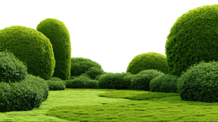 Green garden with various topiary bushes and artfully trimmed shrubs creating a lush, landscaped setting on a transparent background, symbolizing growth and design