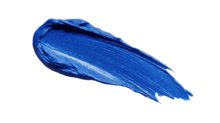 Blue iridescent cosmetic smudge with thick metallic shimmer and creamy texture, creating an abstract paint stroke on transparent background for beauty and design projects