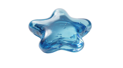 Blue liquid star floating with bubbles, transparent background, representing freshness, cleanliness, purity, and cool hydration in a vibrant refreshing abstract 3d render