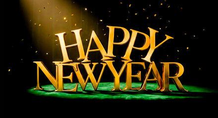 Golden Happy New Year text with falling confetti and spotlight letters