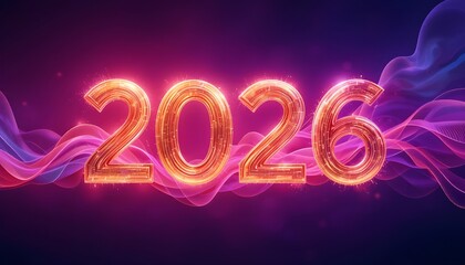 Glowing golden 2026 numerals hover above vibrant pink and purple abstract digital wave background art