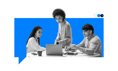 Three young professionals engage in a brainstorming session at a sleek desk. One person presents ideas while others take notes on laptops and discuss. The environment is bright and inviting.