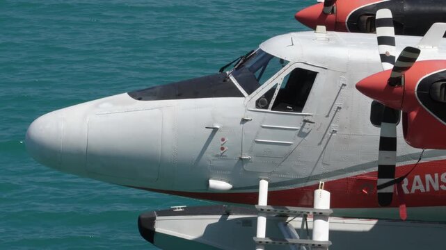 Close Up Static Shot of Twin Otter Seaplane Nose in Maldives