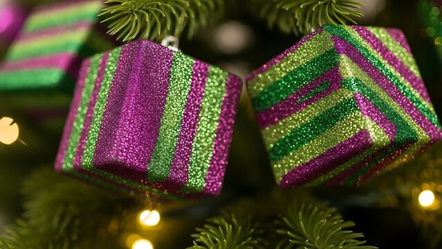Beautiful purple and green christmas tree ornaments - Powered by Adobe