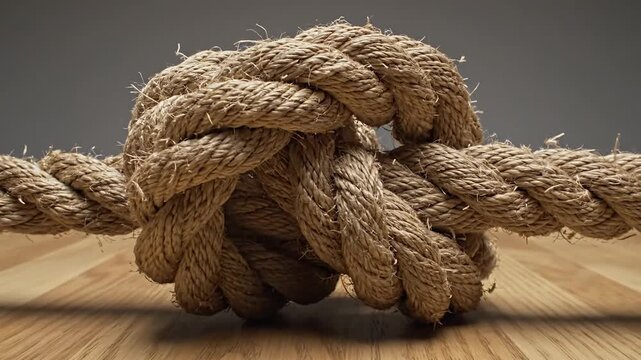 Close-up of a thick beige rope knotted on a smooth wooden floor with warm lighting. A rustic scene!!