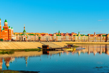 Cityscape with the Chapel of Saints Peter and Fevronia on the Bruges Embankment of the Malaya Kokshaga River in Yoshkar-Ola