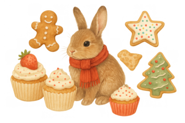 Cute winter bunny enjoying delicious seasonal sweets like gingerbread male, star cookie, and frosted cupcakes, transparent background