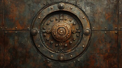 Fototapeta premium Large metal safe door with circular locking mechanism and rusty surface in an old warehouse