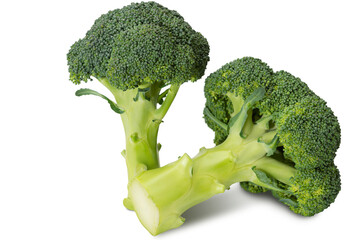 Fresh broccoli showcasing vibrant green florets and stalks on a clean white background, perfect for healthy meals and recipes