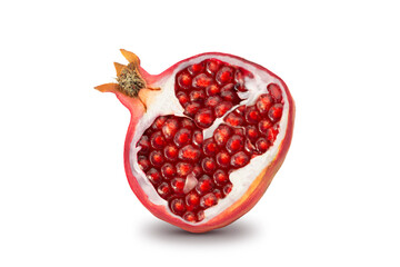 Vibrant pomegranate cut in half showing juicy red seeds against a bright white background