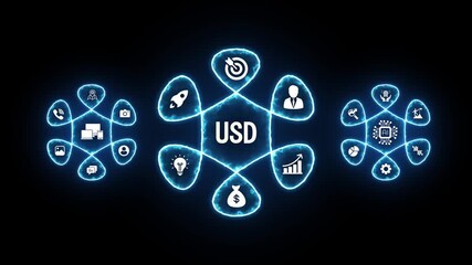 Digital currency USD with interconnected business and technology icons on dark background finance - Powered by Adobe