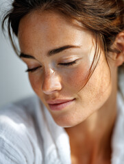 Obraz premium Frau genießt warmes Sonnenlicht – natürliche Entspannung und positives Lebensgefühl