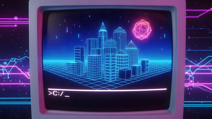 Retro Futuristic Cityscape: An 80s-inspired view of a metropolis. A grid of neon light and holographic projections depict the modern world. Futuristic cityscape with iconic building and design.