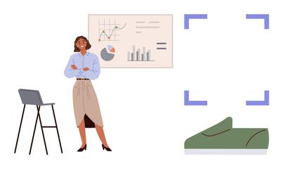 Confident woman presenting data charts near a stool and pointer. Ideal for analytics, statistics, leadership, education, public speaking, professional development, simple flat metaphor
