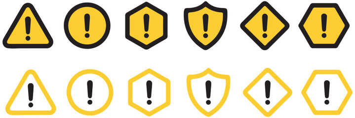 Warning icon set featuring triangular signs with exclamation marks, caution symbol collection, hazard alert graphics, attention notice elements, vector safety design pack