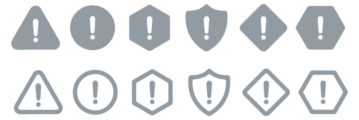 Warning icon set featuring triangular signs with exclamation marks, caution symbol collection, hazard alert graphics, attention notice elements, vector safety design pack