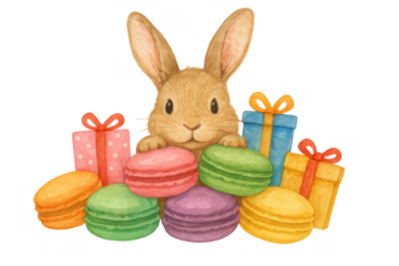 Cute watercolor rabbit illustration peeking over colorful macarons and gift boxes, celebrating birthday or holiday, transparent background