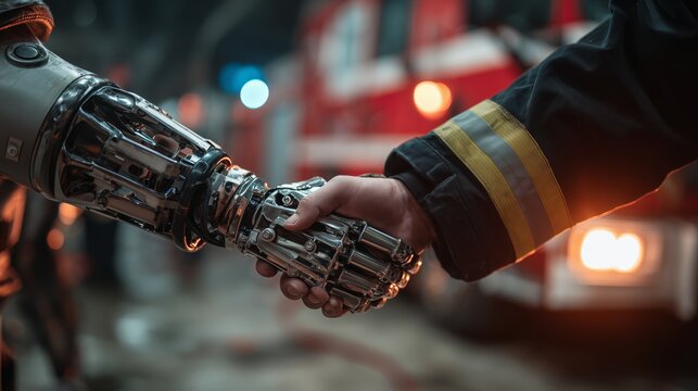 Firefighter gripping metallic robotic hand near fire truck lights, dramatic concept of rescue robots supporting emergency services and public safety.