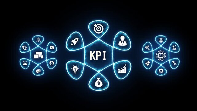 Digital marketing concept KPI key performance indicator infographic with icons and glowing blue outlines on black background