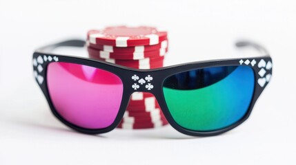 Colorful sunglasses and poker chips on a flat surface during a gaming session