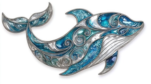 Decorative dolphin artwork featuring blue and silver design with swirls and waves displayed on a plain background